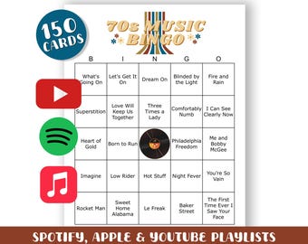 70s Music Bingo Game: 150 Cards, Includes Playlists (Digital Download)