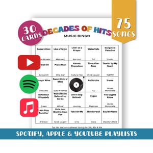 70s, 80s, 90s Music Bingo (30 CARDS) Digital Download - (Spotify, Apple and YouTube Playlists included in your download)