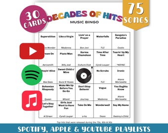 70s 80s 90s Music Bingo Game: 30 Printable Cards (Digital Download)