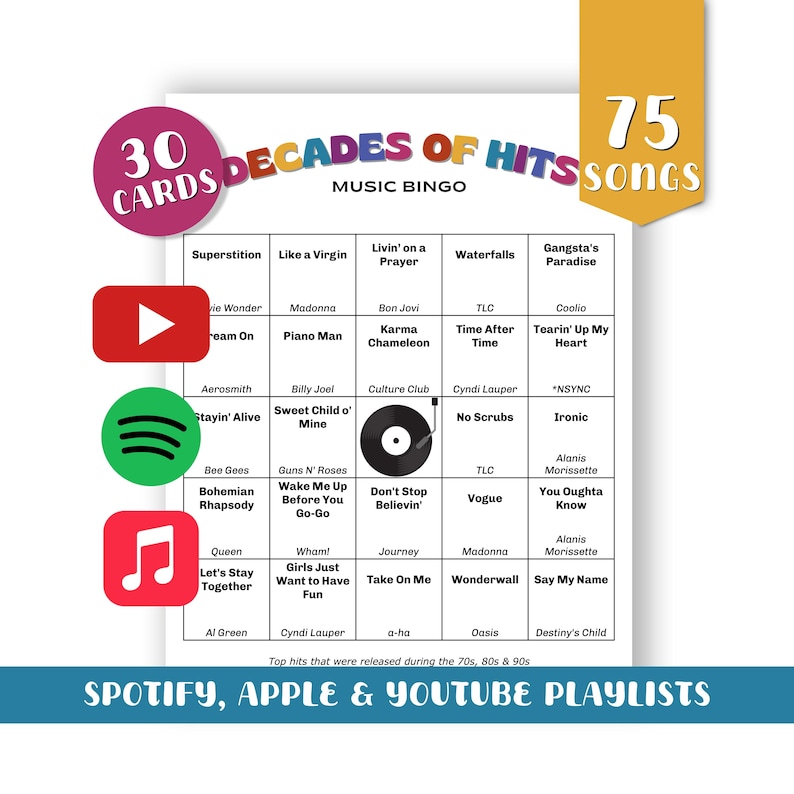 K&ouml;nnte beinhalten: Musik-Bingo-Spiel mit 30 Karten und 75 Songs aus den 70er, 80er und 90er Jahren. Die Bingo-Karte zeigt Songtitel und Logos f&uuml;r Spotify-, Apple- und YouTube-Playlists. Das Spiel enth&auml;lt Hits von verschiedenen K&uuml;nstlern.