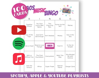 80s Music Bingo Game: 100 Cards, Printable Party Game (Digital Download)