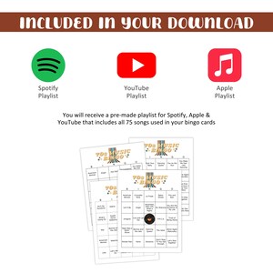 May include: Image of a digital download including a Spotify, YouTube, and Apple playlist. The image also shows several bingo cards with a 70s music theme. The text reads "Included in your download" and "You will receive a pre-made playlist for Spotify, Apple & YouTube."