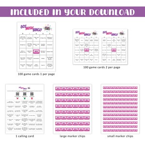 May include: A selection of 80s Music Bingo game elements. The image shows bingo cards, marker chips, and a calling card. The bingo cards have song titles. The marker chips are pink cassette tapes. The text "INCLUDED IN YOUR DOWNLOAD" is at the top.