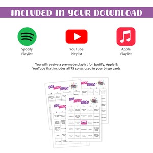 May include: A white background with the text "INCLUDED IN YOUR DOWNLOAD" and icons for Spotify, YouTube, and Apple Music playlists. Several 80s Music Bingo cards are visible, featuring song titles.