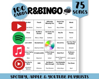 R&B Music Bingo (1990-2025): 100 Cards, Playlists (Digital Download)