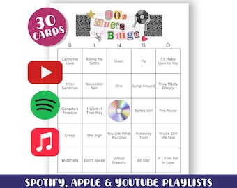 90s Music Bingo Game: 30 Printable Cards (Digital Download)