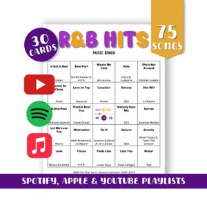 Bingo musicale R&B (successi 2000-2025): 30 carte da gioco stampabili (download digitale)