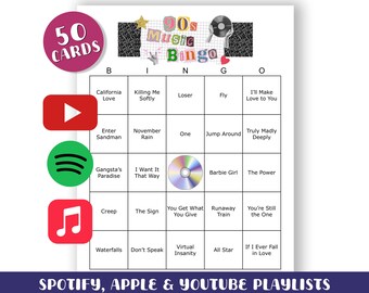 90s Music Bingo Game: 50 Printable Cards (Digital Download, Playlists Included