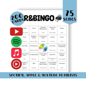 May include: R&B Bingo game with 200 cards and 75 songs. Features a bingo card with song titles and artists, plus Spotify, Apple, and YouTube playlist information. Includes a CD graphic and music app icons.