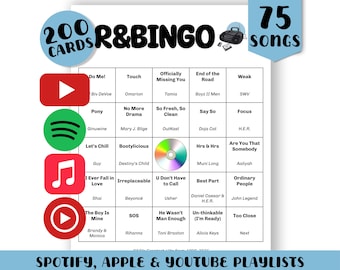 R&B Music Bingo (1990-2025): 200 Cards (Digital Download) - Spotify, Apple, YouTube Playlists