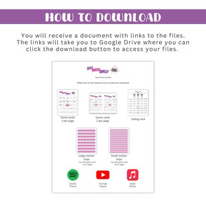 May include: A white document with instructions on how to download files. The document includes images of bingo cards, marker chips, and links to Spotify, YouTube, and Apple Music playlists. The title reads "HOW TO DOWNLOAD".