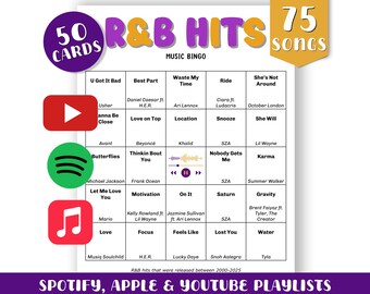 R&B Music Bingo (2000-2025): 50 Cards, Playlists (Digital Download)