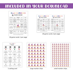 May include: A music bingo game set with game cards, calling card, and marker chips. The set includes 30 game cards, with some printed two per page. The set also includes large and small marker chips.