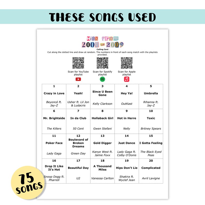 May include: A white paper with the text "THESE SONGS USED" and "HITS FROM 2000-2009". The paper lists 20 songs with artist names and QR codes for YouTube, Spotify, and Apple Music playlists. A yellow circle reads "75 SONGS".
