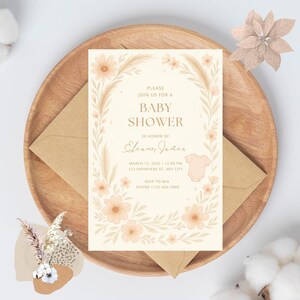 Invitation BABY SHOWER FILLE - Invitation de baby shower bohème - modèle de toile modifiable herbe de la pampa rose blush - téléchargement numérique bébé inviter