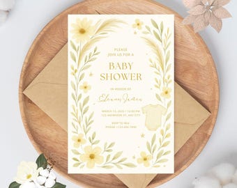 GENDER NEUTRAL BABY Shower Einladung - Pampas Gelb einladen - Minimalistische digitale Einladung - Bearbeitbare Canva Vorlage - Baby Sprinkle