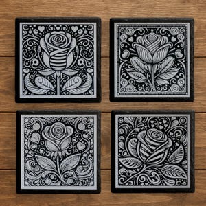 Whimsy Rosebud PNGs for Laser Engraving – Slate Coaster Digital Art – XTool Glowforge Commercial Use Bundle