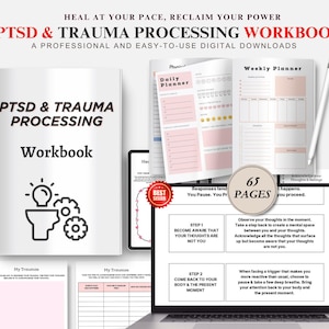 PTSD & Trauma Processing Workbook| Worksheets| Therapy| Safety Plan Prompts| Adult Trauma Therapy| Canva| Printable | Self Acceptance