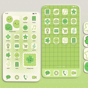 May include: Two smartphones with a green and white theme, featuring app icons like a clover, star, and musical note. The text "Widgetsmith" is displayed. A set of matching app icons are to the right.