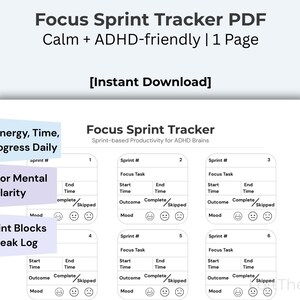 Focus Block Progress Tracker Focus Sprint Tracker PDF | ADHD Productivity Tool | Track Tasks Energy ...