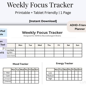 Puede incluir: Un rastreador de enfoque semanal imprimible diseñado para el TDAH y cerebros neurodivergentes. El planificador de una página incluye secciones para objetivos de enfoque, seguimiento del estado de ánimo y niveles de energía. Descarga instantánea.