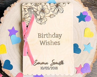 Personalized First Birthday Card Holder with Engraved Flowers – Baby Keepsake for Cards – Name Date Custom Memory Binder – Wooden Card Album
