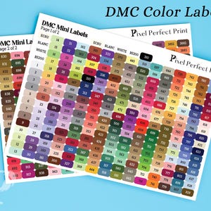 May include: Two sheets of DMC Mini Color Labels with color codes and names. The labels are arranged in a grid, with each square displaying a color swatch and corresponding number. The text "DMC Color Labels" is at the top.