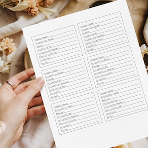 May include: A white sheet of paper featuring six rectangular templates designed for recording botanical data. Each template has fields for common name, scientific name, family, collector, collection number, date, location, and notes.