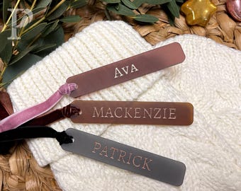 Neutral Personalized Frosted Acrylic Stocking Tags with Velvet Ribbon | Custom Christmas or Gift Tags | Modern Holiday Mantle Decor
