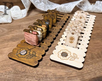 Wooden Floss Bobbin Holder - Rack - Storage | 12-Slot Organizer with Engraved Numbers & Floral Magnet