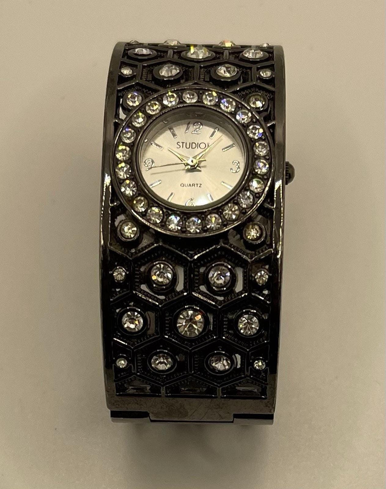 Black Studio 1 Watch with Crystal Accents‎ cuff Wide double buckle leather watch cuff with steampunk watch  main image 4