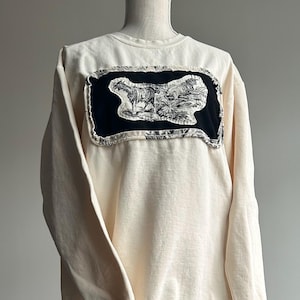 Upcycled Cream Sweatshirt with Hand-Sewn French Toile Animal Patch