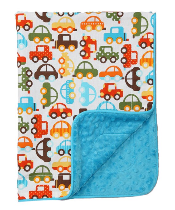 Items similar to Baby Boy Blanket in blue, green & orange cars and