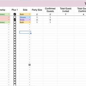 Puede incluir: Una hoja de cálculo titulada "Lista de invitados a la boda" con columnas para los nombres de los invitados, las relaciones y el estado de confirmación de asistencia. La lista incluye nombres, relaciones y detalles de la fiesta, con casillas de verificación para la confirmación de asistencia y el estado de la fecha.