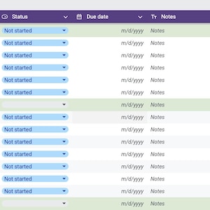 May include: A digital wedding planning checklist with task categories and due dates. The table includes tasks like setting a wedding date, creating a guest list, and creating a budget. The status of each task is marked as "Not started".