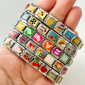 May include: Stack of stainless steel charm bracelets with colorful enamel charms. Charms include zodiac signs, hearts, cherries, and the text "Special Lady". Each charm is rectangular and connected by metal links.