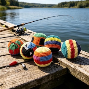 May include: A collection of colorful, crocheted balls in various patterns, including stripes and geometric designs, are arranged on a wooden dock. A fishing rod and reel are visible in the background, with a lake and trees in the distance. A fishing lure and weight are also present.