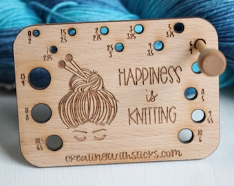 Knitting Needle Gauge- Happiness is Knitting Needle Gauge- Gift for Dad-Gift for Knitter- Knitting Accessory- Knitting Tool- Hard Wood Gauge