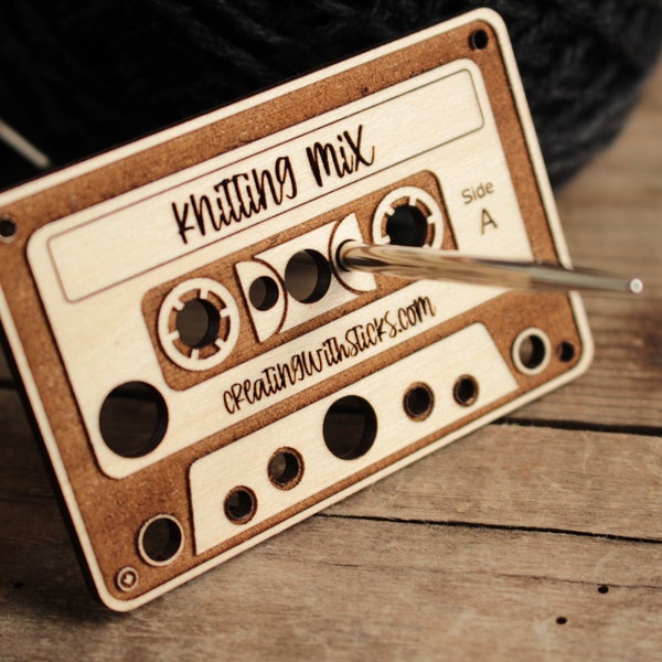 Knitting Accessories- Mini Wooden Cassette Tape Needle Gauge, Laser Engraved Needle Gauge, Gift for Knitter, Knitting Kit Tools, Retro Look