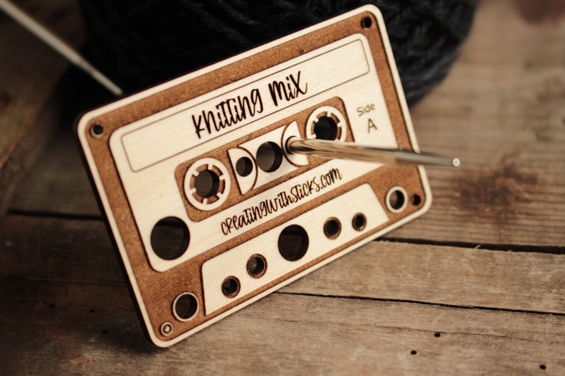 Knitting Accessories Mini Wooden Cassette Tape Needle Gauge, Laser Engraved Needle Gauge, Gift for Knitter, Knitting Kit Tools, Retro Look image 1