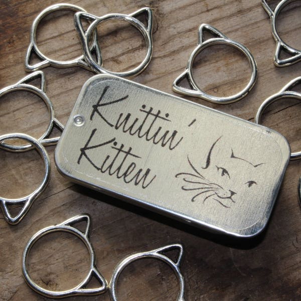 Snag Free Silver Cat Stitch Markers with Storage Tin, Knittin' Kitten Stitch Markers, Gifts for Knitters, Gift for Mom, Knitting Tools