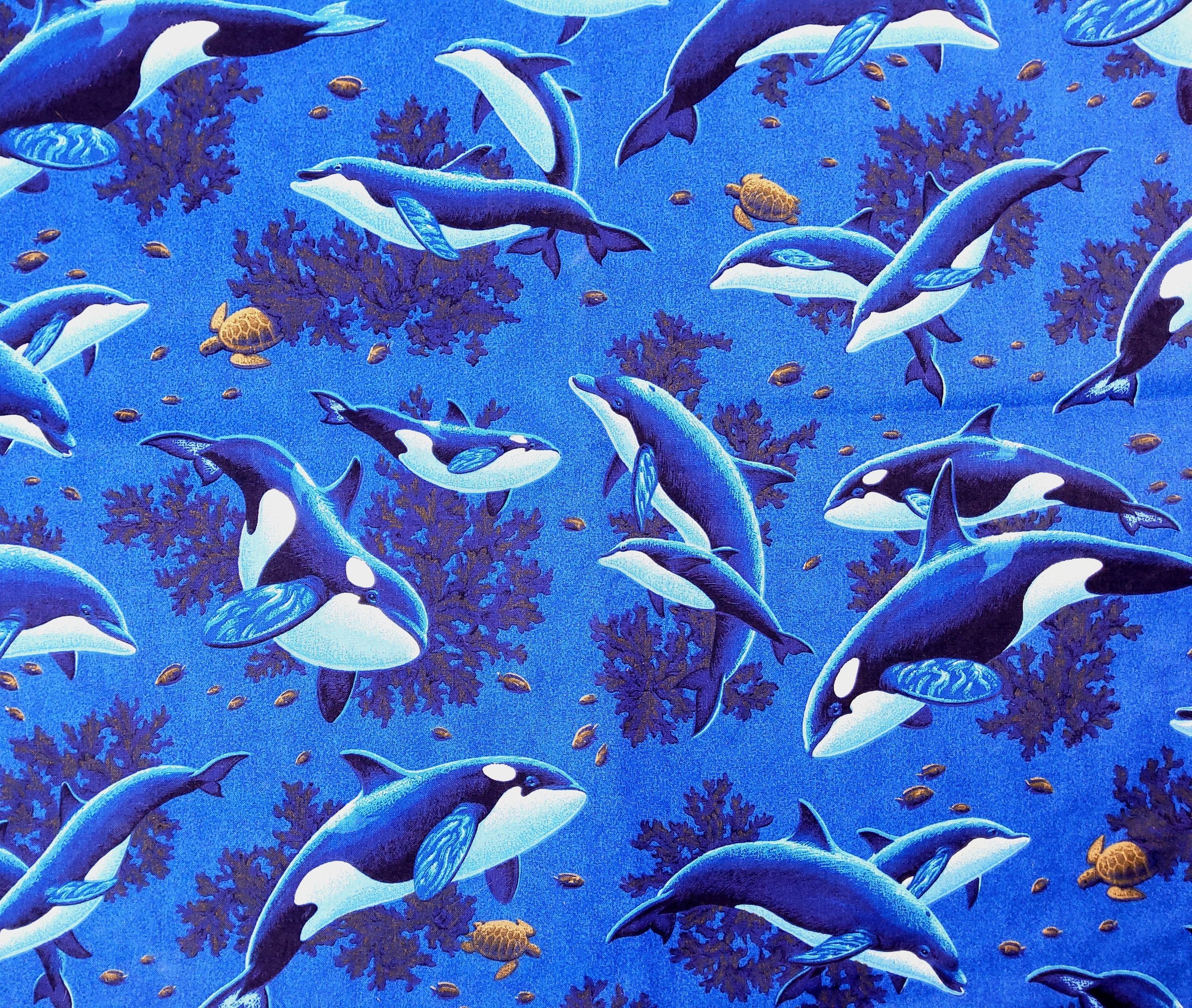 Destash Orca Whale Themed Underwater Cotton Fabric by the HALF YARD, Vintage Cranston Print Works Unwashed Fabric, Printed in USA