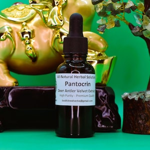 Puede incluir: Una botella de vidrio marrón con un cuentagotas, etiquetada como "Pantocrin Deer Antler Velvet Extract", se encuentra sobre una base marrón oscuro. Una estatua dorada de elefante y un pequeño árbol decorativo con hojas verdes están en el fondo. El fondo es verde.