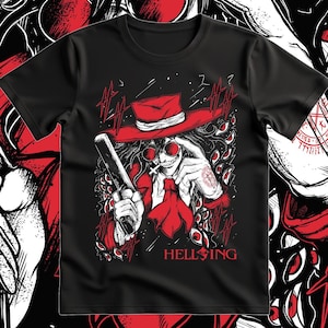 Puede incluir: Camiseta negra con un diseño rojo y blanco de un personaje con sombrero rojo, gafas de sol y una pistola. El personaje está rodeado de ojos rojos y la palabra "HELLSING" está impresa en rojo.