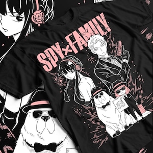 May include: Black t-shirt featuring the text "SPY x FAMILY" in pink. The graphic includes illustrations of anime characters, including a man in a suit holding a gun, a woman, a child, and a dog wearing sunglasses and a hat.