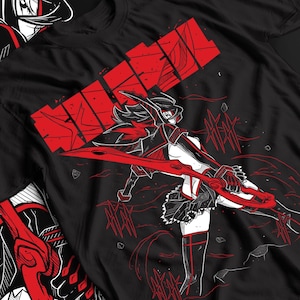 May include: Black t-shirt featuring a red and white anime-style illustration. The graphic depicts a character holding a red sword with the word "KILL" in red block letters above. The design includes red lines and shapes, creating a dynamic and action-oriented feel.