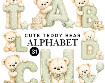 Könnte beinhalten: Eine Sammlung hellbeiger Teddybären kombiniert mit salbeigrünen, gepunkteten Buchstaben T, A, B, L, D, C, U und Y. Die Bären werden von dekorativen Elementen wie Sternen, Holzklötzen, einem kleinen Zug, einem Kürbis und einem Luftballon begleitet.