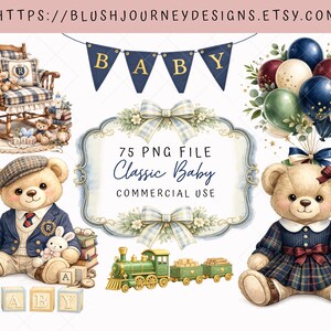 Classic baby furniture clipart set featuring vintage plaid baby bassinet, wooden crib, rocking chair, dresser, bookshelf, folded blankets and gingham curtains in soft blue, cream and beige watercolor preppy teddy bear clipart png, polo style teddy bear png, preppy baby shower clipart, classic teddy bear outfit png, old money teddy bear aesthetic, preppy nursery clipart set