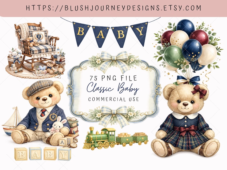 Classic baby furniture clipart set featuring vintage plaid baby bassinet, wooden crib, rocking chair, dresser, bookshelf, folded blankets and gingham curtains in soft blue, cream and beige watercolor preppy teddy bear clipart png, polo style teddy bear png, preppy baby shower clipart, classic teddy bear outfit png, old money teddy bear aesthetic, preppy nursery clipart set