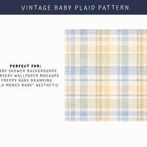 Vintage baby plaid seamless pattern in soft blue, cream and muted gold tartan style, high resolution PNG background ideal for nursery wallpaper mockups, baby branding and preppy shower decor.